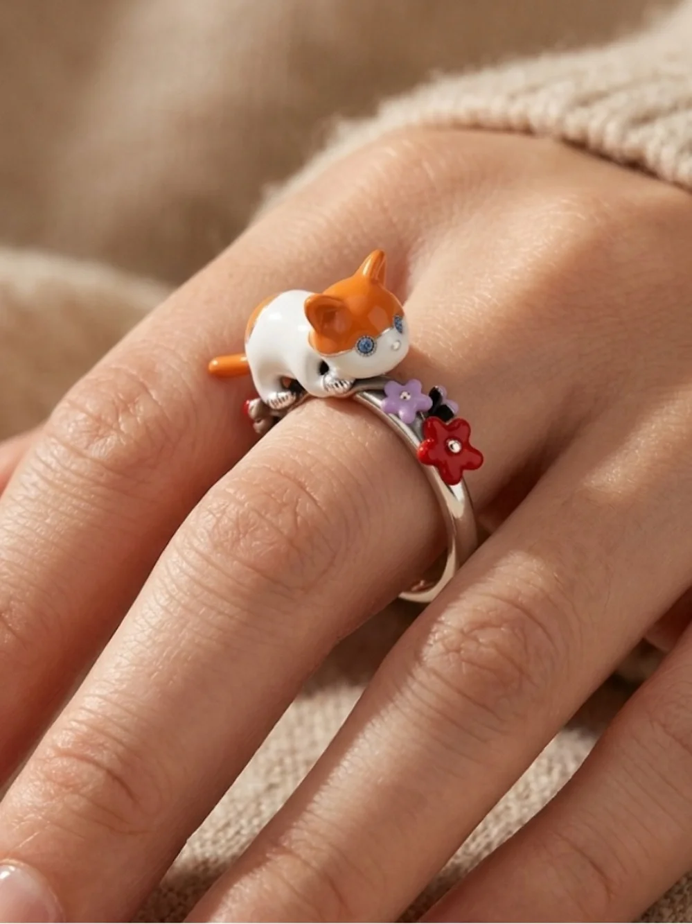 Sterling Silver Cat Ring with Orange and White Enamel